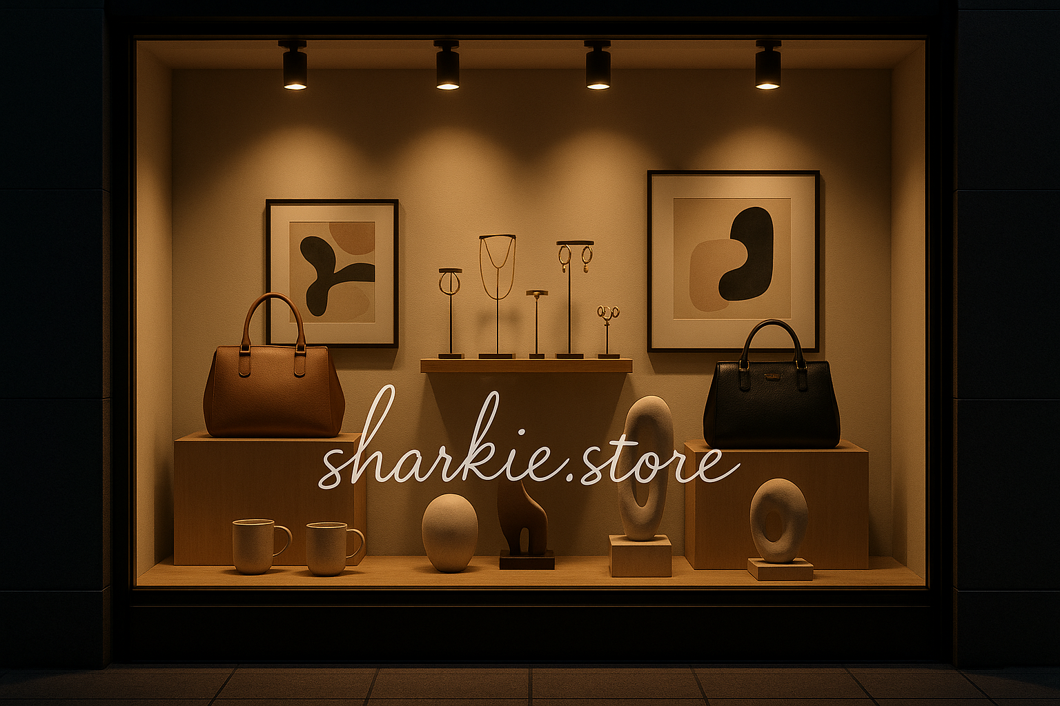 a modern glass gift shop window, spot lights, luxury bags, jewelry on stands, mugs, abstract framed art prints, sculptures, handwritten sharkie.store text on window