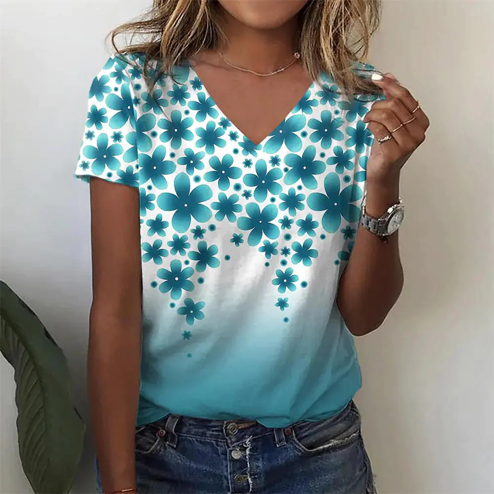 Summer Casual Women's Abstract Floral 3D Print V-Neck Top
