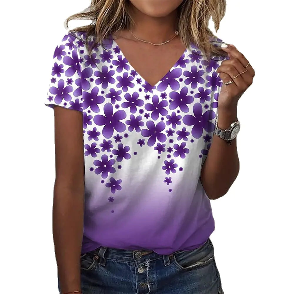 Summer Casual Women's Abstract Floral 3D Print V-Neck Top