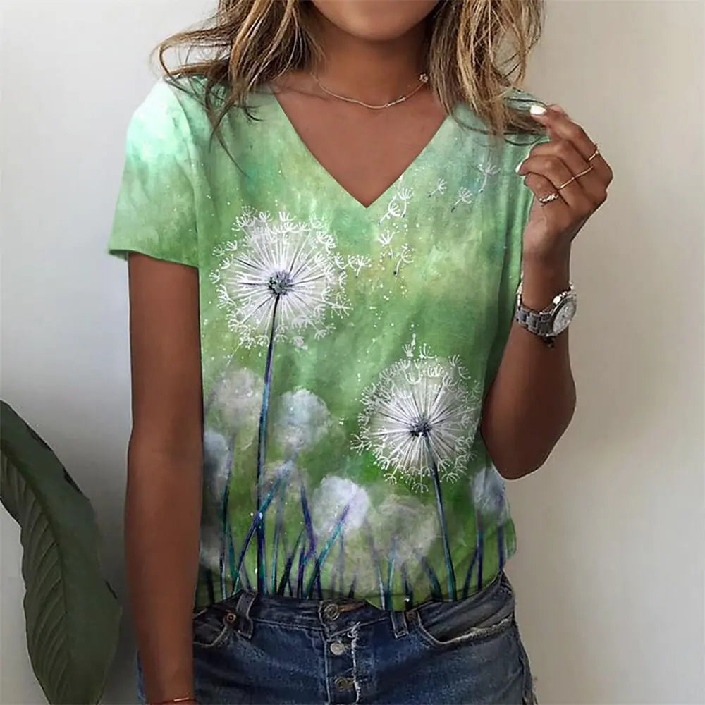 Summer Casual Women's Abstract Floral 3D Print V-Neck Top