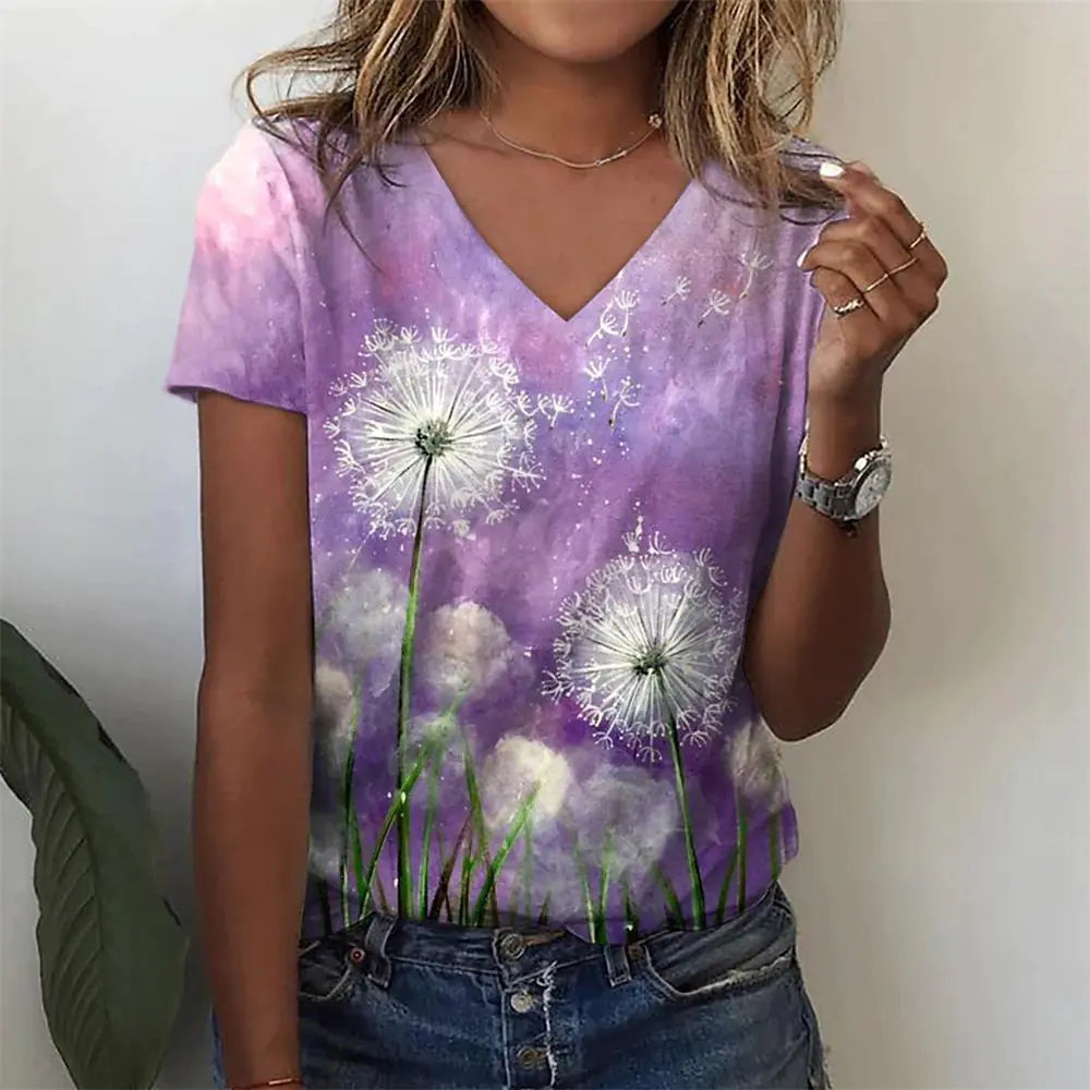 Summer Casual Women's Abstract Floral 3D Print V-Neck Top