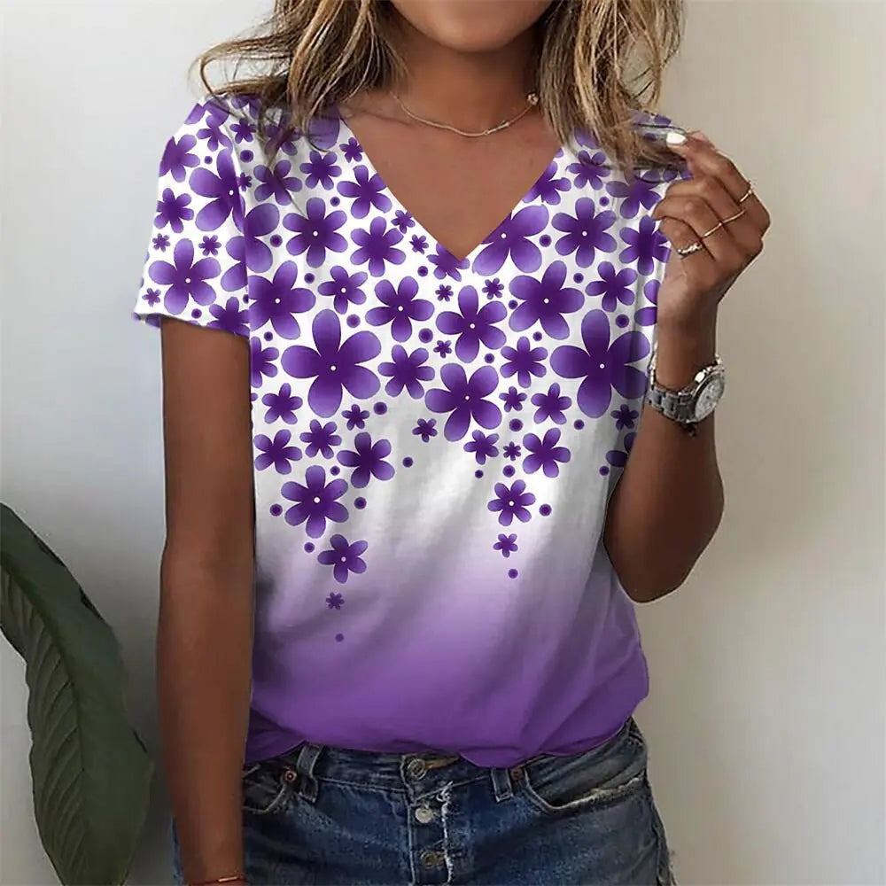 Summer Casual Women's Abstract Floral 3D Print V-Neck Top