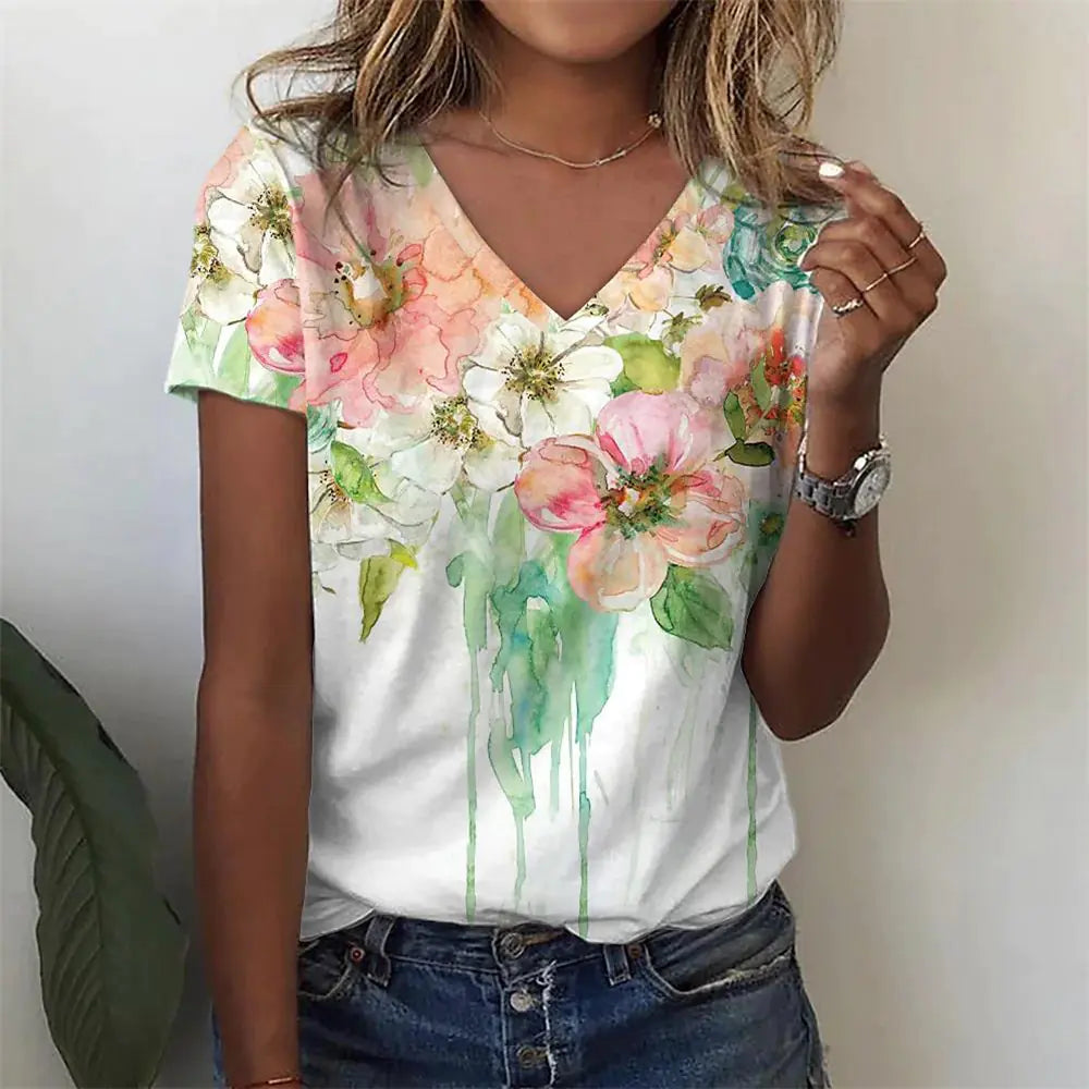 Summer Casual Women's Abstract Floral 3D Print V-Neck Top