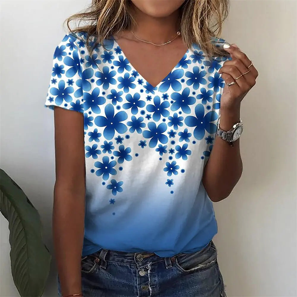 Summer Casual Women's Abstract Floral 3D Print V-Neck Top