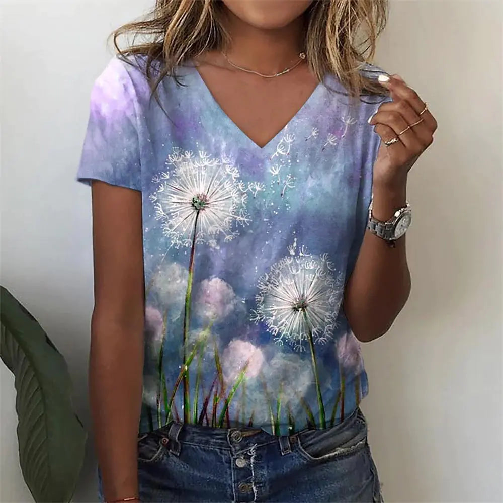 Summer Casual Women's Abstract Floral 3D Print V-Neck Top