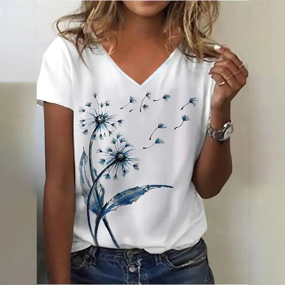 Summer Casual Women's Abstract Floral 3D Print V-Neck Top