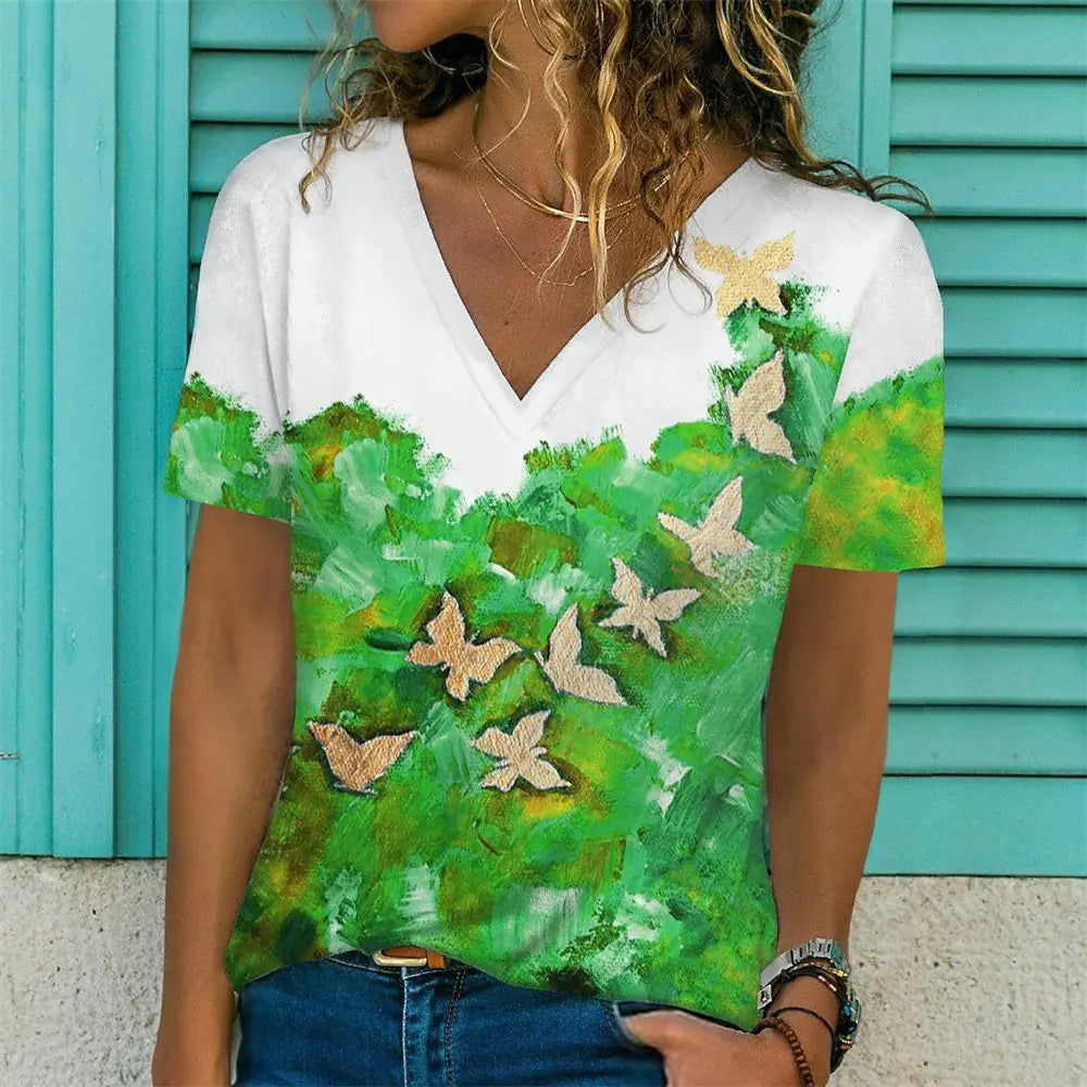 Summer Casual Women's Abstract Floral 3D Print V-Neck Top