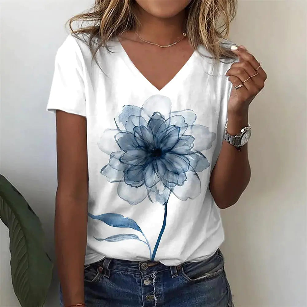 Summer Casual Women's Abstract Floral 3D Print V-Neck Top