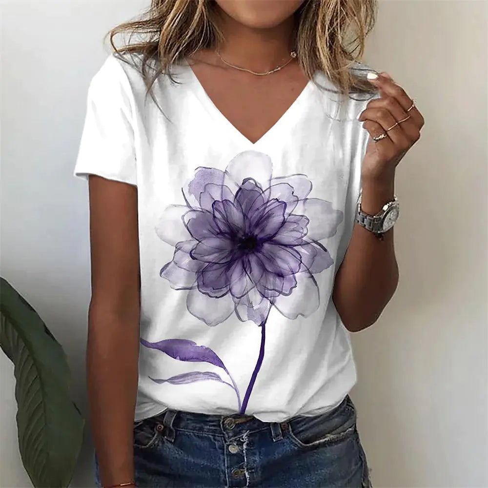 Summer Casual Women's Abstract Floral 3D Print V-Neck Top