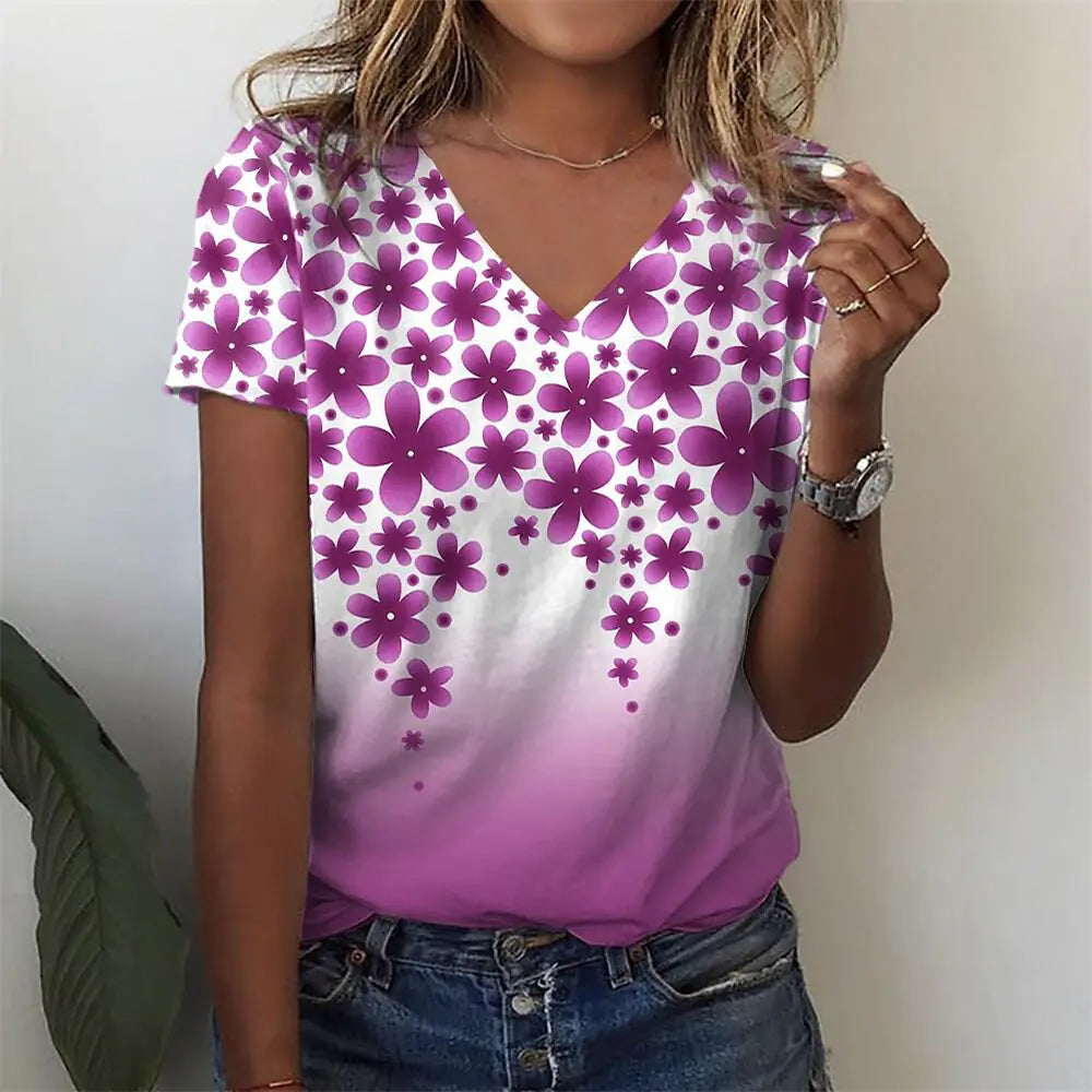 Summer Casual Women's Abstract Floral 3D Print V-Neck Top